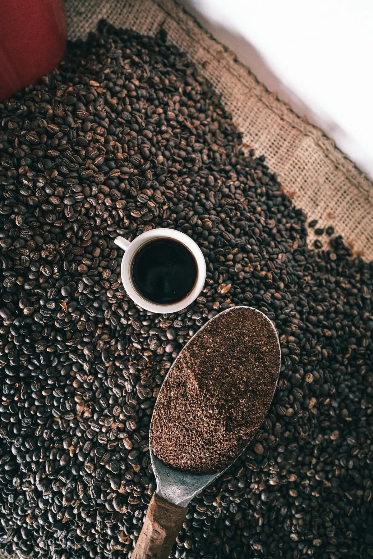 Pocillo de café negro y una cuchara con café molido sobre granos tostados.